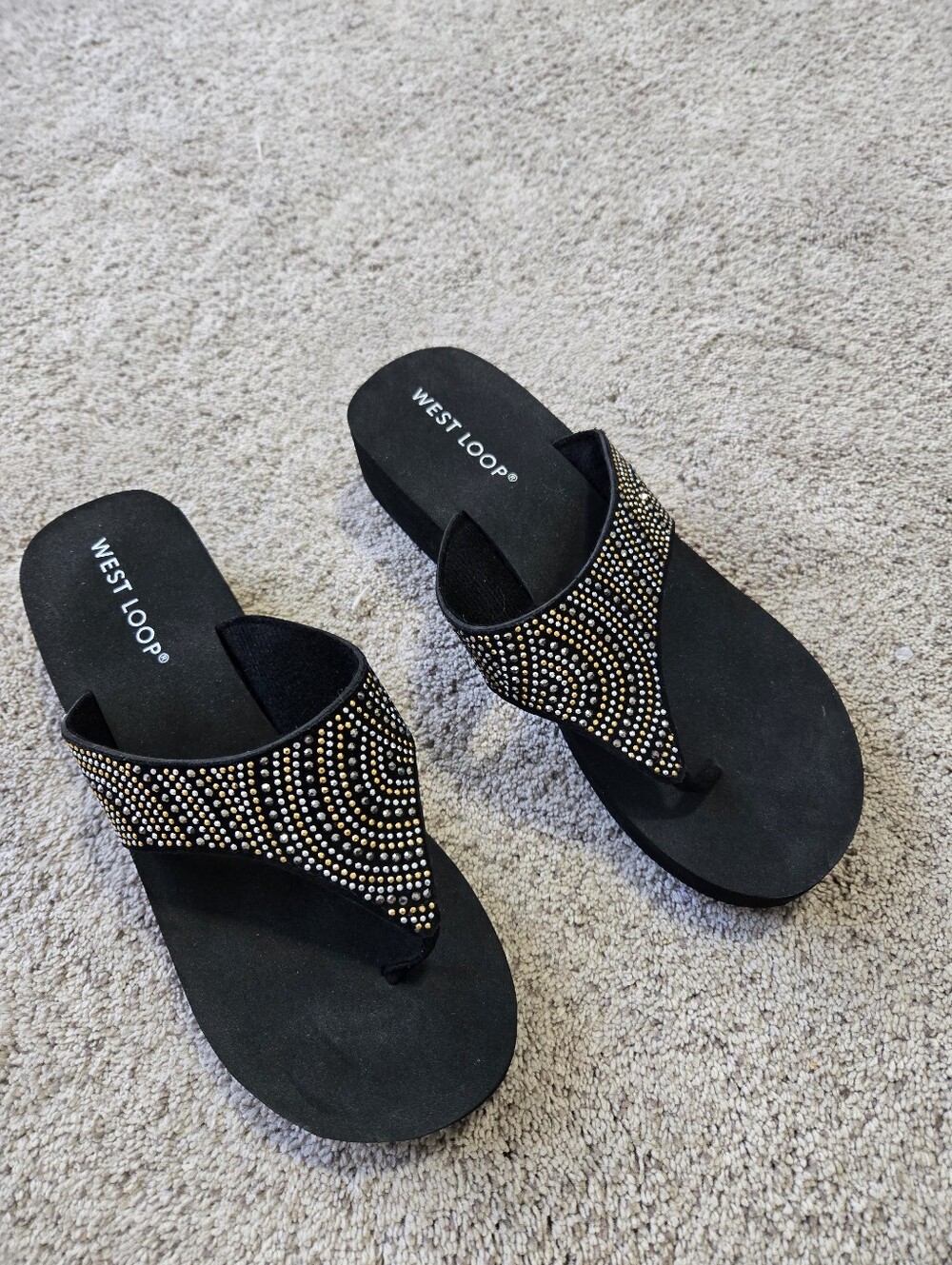 West Loop Black Embellished Thong Sandals Flip Flops Size Medium 7/8 New